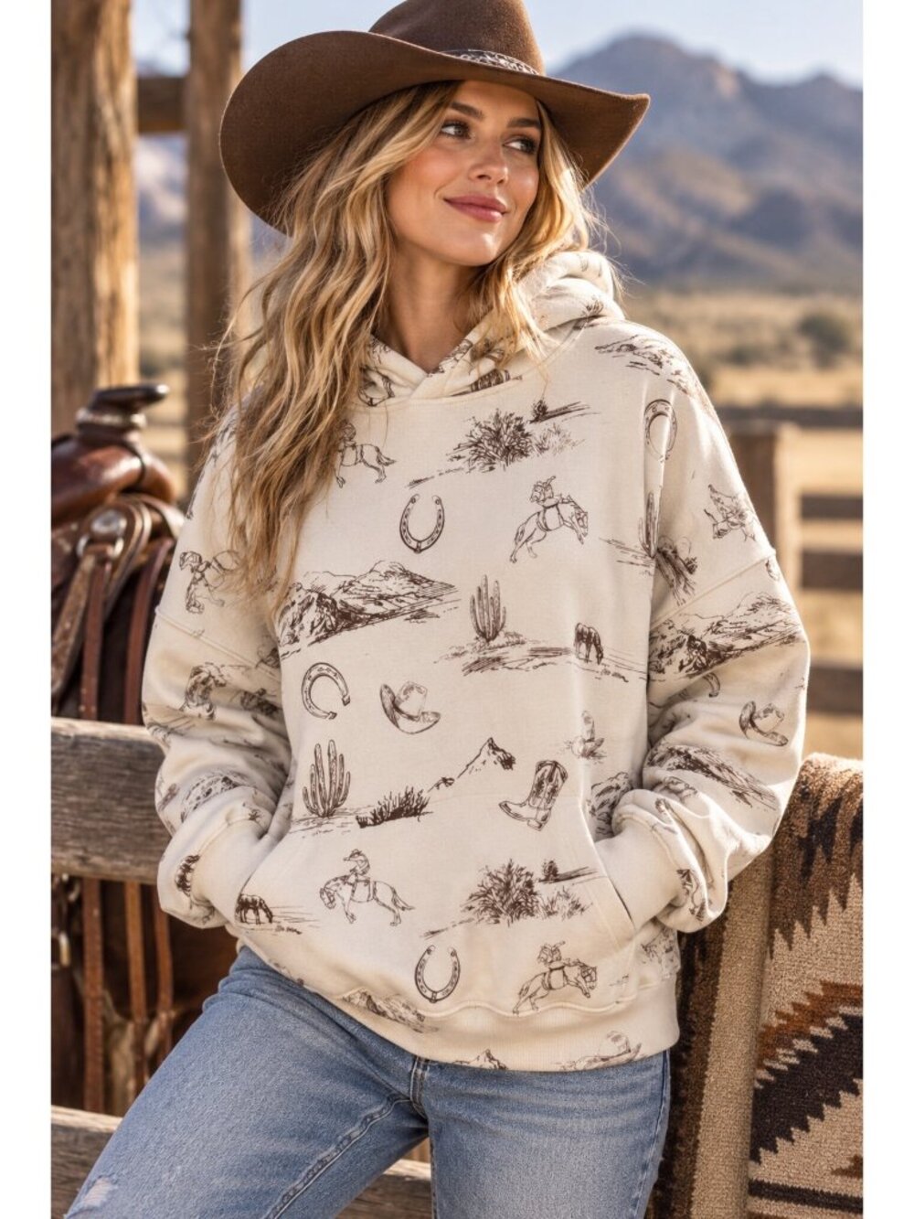 Abercrombie & Fitch SoftAF Western Cowboy Print Hoodie Large Oversized Cream